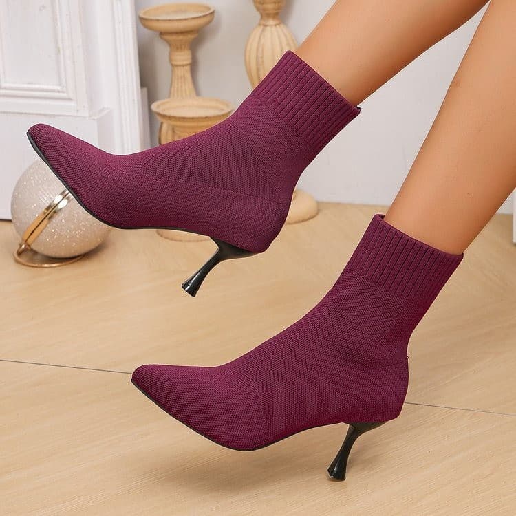 Cross-border Export Large Size Spring/Autumn New Fine Heel Knitted Pointed Toe Fashion Versatile Slip-on Ankle Boots Women Wholesale