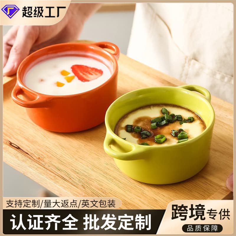 Cross-border wholesale colorful ceramic stew pot double-eared ceramic bowl with lid stew pot for one person solid color ceramic tableware set