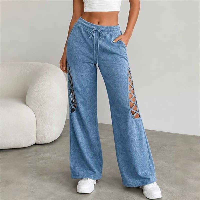 2026 Amazon European and American Style Elastic Waist Loose Straight Wide-Leg Plus Size Pants Cutout Patchwork Casual Vacation Long