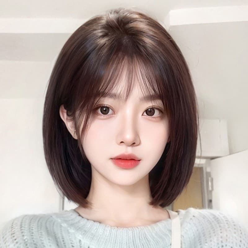 Real Human Hair Wig for Women, Full Wig with Natural Age-Reducing Bangs, Bob Style Shoulder-Length Short Hair Wig