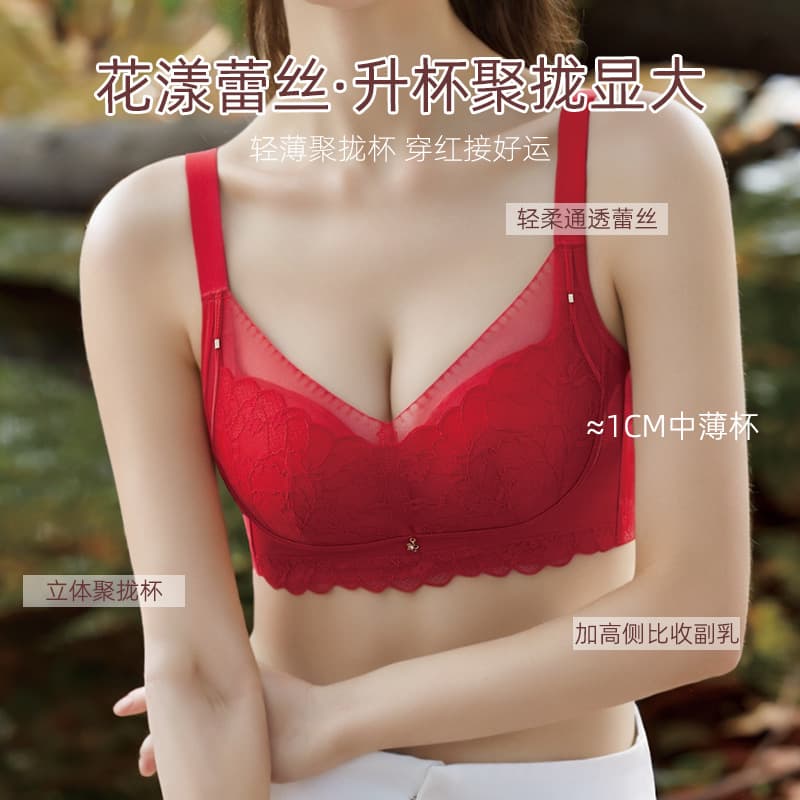 Red Year of the Rat Lace Sexy Lingerie Bra for Women with Small Busts: Push-up, No Gap, Anti-Sagging, Wire-free
