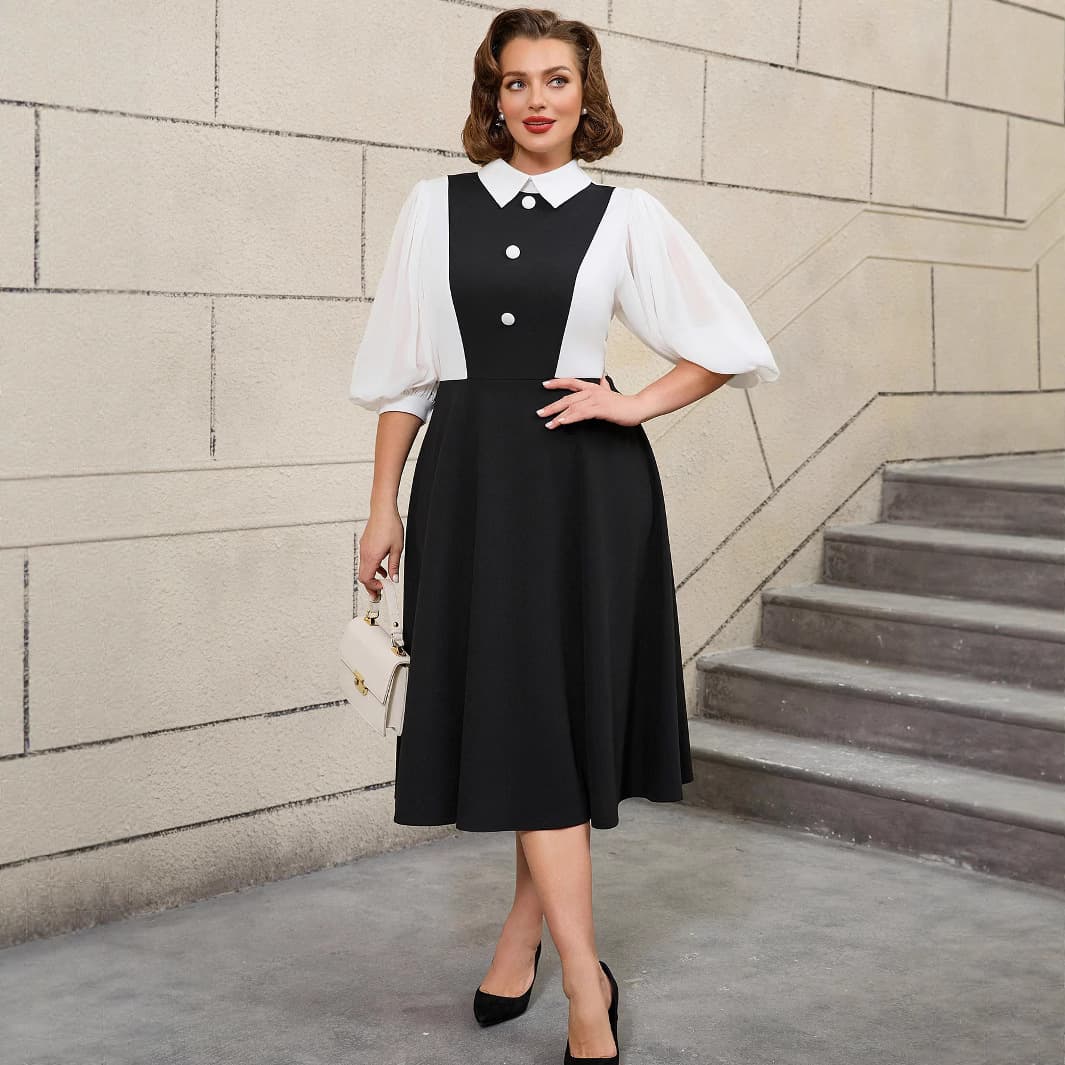 Plus Size Vintage Graduation Season Bubble Sleeve Elegant Slimming High-Waist A-Line Dress Prom Dresses