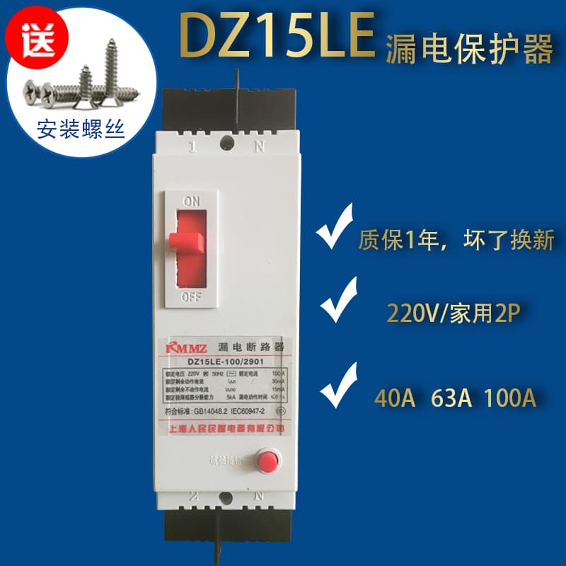 2P100A Molded Case Residual Current Circuit Breaker DZ15LE-100/290 63A Residual Current Protector 220V Household Switch