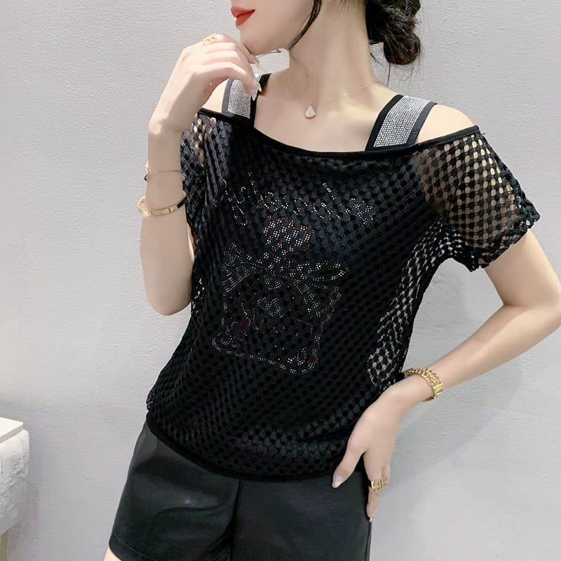 2025 Summer New Lace Top for Plus Size Women, Belly-Covering Off-Shoulder Rhinestone Fashionable Blouse