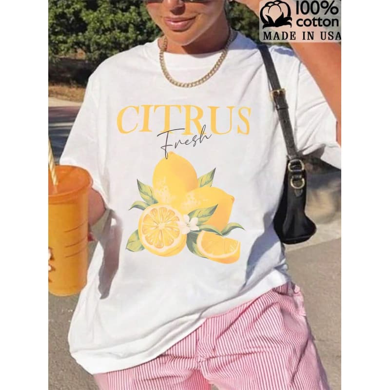 European Size Cotton T 100% Cotton Women's Casual Tops T-Shirts, Lemon Print T