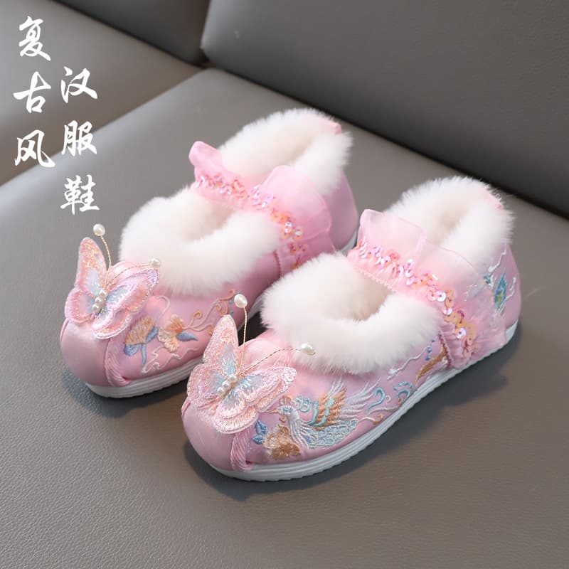 Children's Cotton Shoes, Girls' Winter Fleece Chinese Style Hanfu Embroidered Shoes, Versatile New Year Retro Tang Suit Ancient Costume Shoes