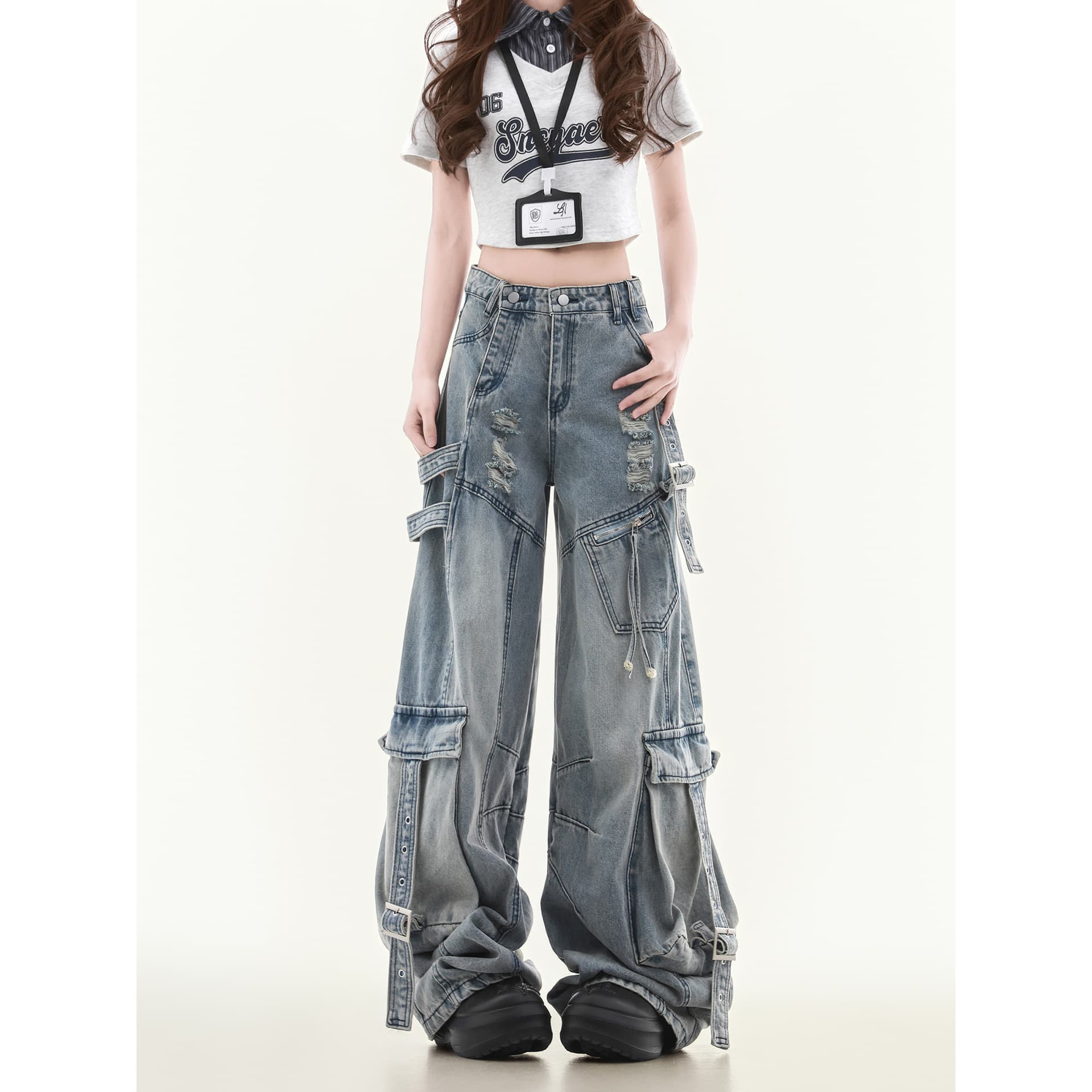 Multi-pocket cargo jeans for men and women straight-leg loose wide-leg American high-street pants trendy brand handsome ripped design