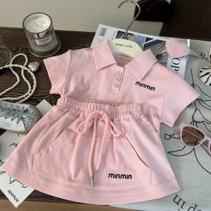 Korean Style Kids Clothing 2025 New Summer Girls Embroidered Letter Set Polo Collar T-Shirt Pink Skirt Pants Two-Piece Set