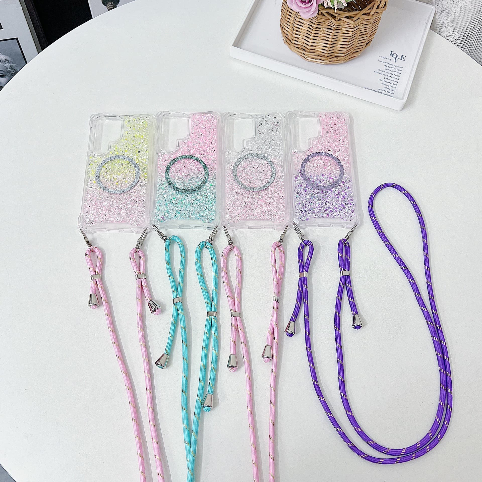 Japan/Korea Glitter Magnetic Lanyard Compatible with Apple 16 Pro Max Phone Case, Four-Corner Travel S25U Resin Protective Case