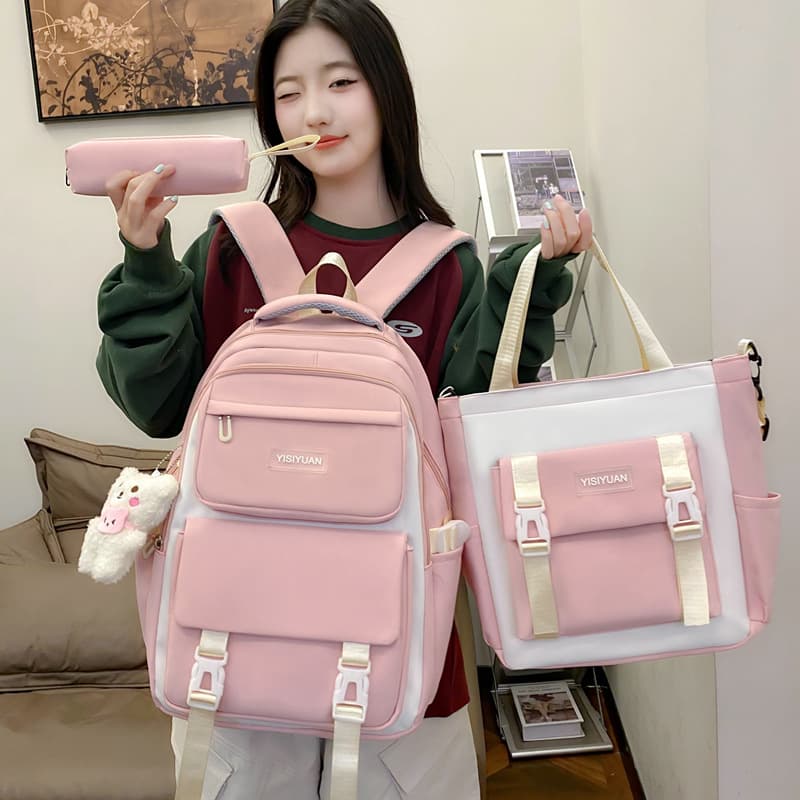 Large-capacity lightweight junior high school student schoolbag female new high-value three-piece backpack contrasting color high school backpack cross-border