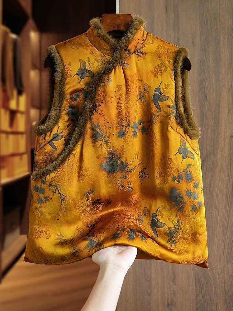 Yellow Fashion Super Beautiful Printed Fur Collar Vest Cotton Jacket Women Improved National Style New Chinese-style Tang Suit Quilted Coat