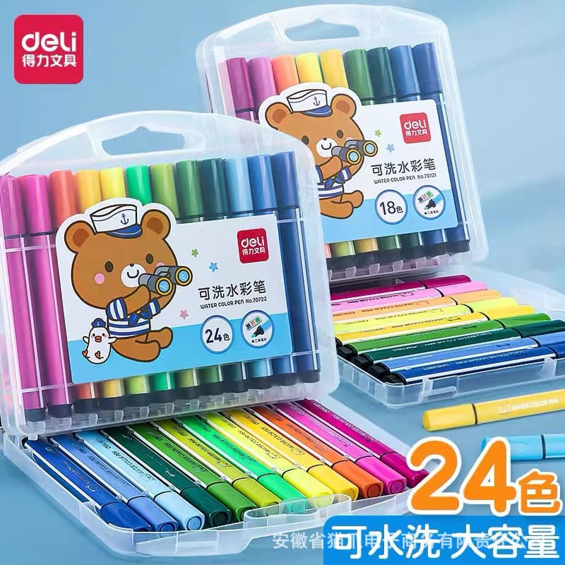Deli 70721/22/23/24 Washable Watercolor Markers 24 Colors Kids Art Markers for Kindergarten Art Class
