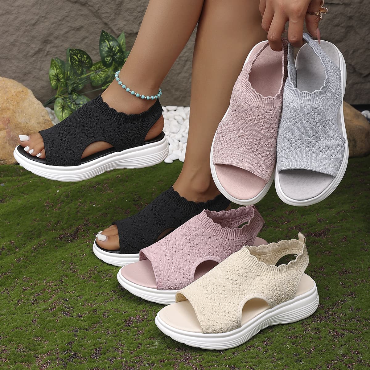 Summer Fashion Casual Beach Shoes for Women, Slip-on Flyknit Sandals, Flat Hollow Open-Toe Roman Sandals, Cross-border Women's Shoes