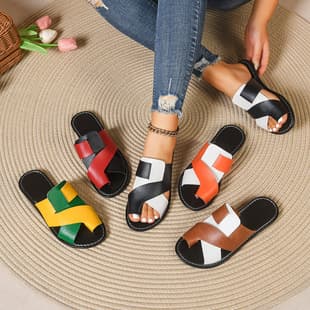 Casual Flat Plus Size Cross-Border Slippers Women 2026 New Color Block Comfort Toe-Loop Round Toe One-Strap Slippers Women
