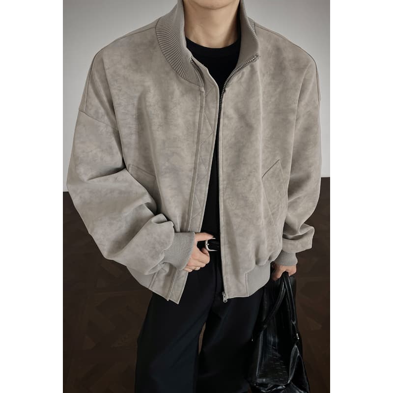 Gray Tie-Dye PU Leather Jacket Men's Fall American Retro Boxy Fit Coat Punk Stand Collar Workwear Baseball Jacket