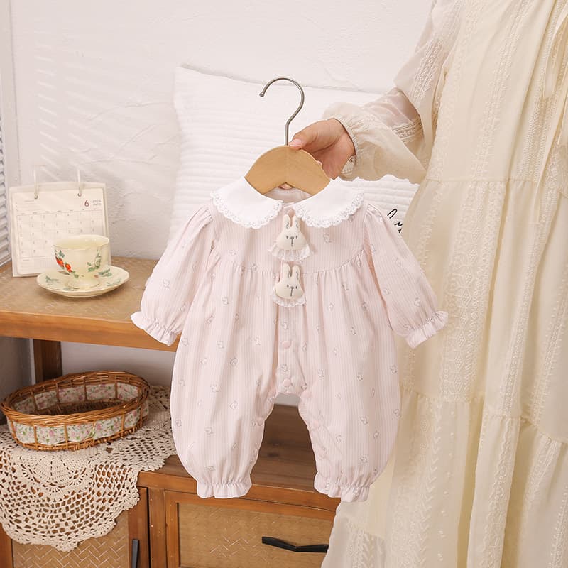 Autumn Double-Layer Pink Striped Bunny Bodysuit Romper Crawling Suit Full Moon Outing Outfit Baby Toddler Clothes