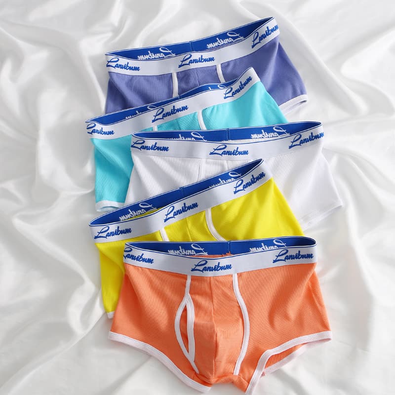 Summer Men's Underwear Solid Color Boxer Briefs Ribbed Cotton Plus Size Mid-Rise Quick-Dry Breathable Four-Corner Underwear Bulk