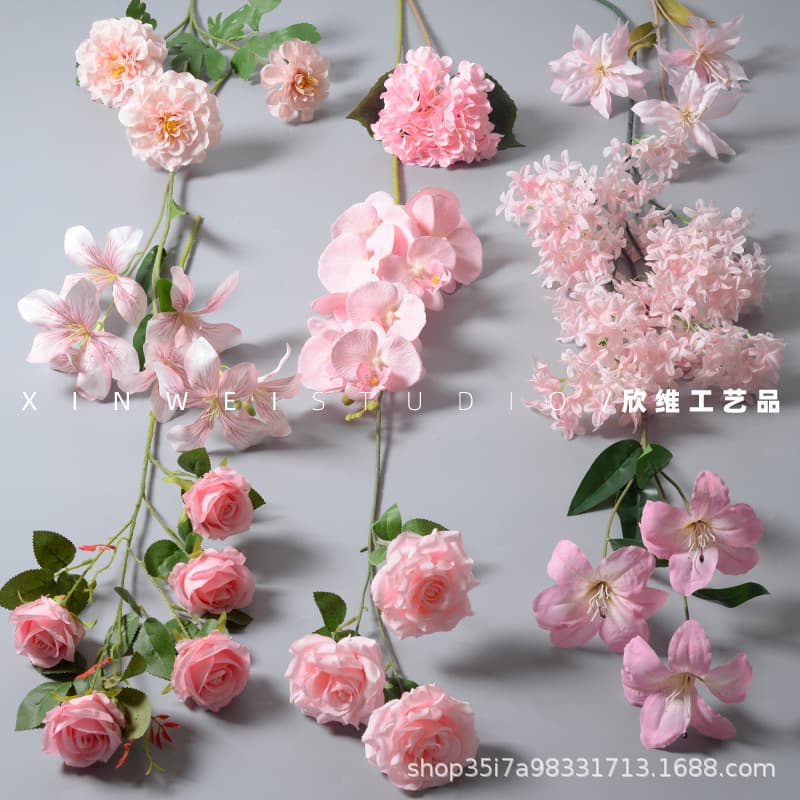 Pink artificial flowers for wedding venue decoration, fake flowers for background wall, ceiling hanging flowers, road guide flowers, flower arrangement service