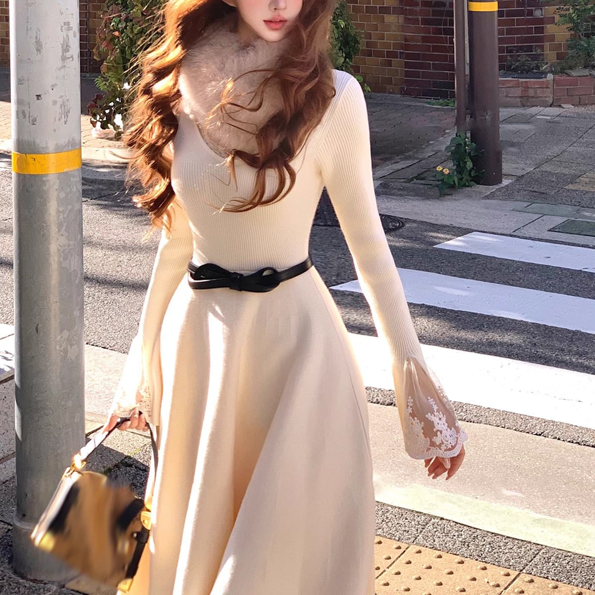 First Encounter with the God of Love Triple Craftsmanship High Weight Three-dimensional Lace Sweater Dress Autumn and Winter Waist Textured Knitted A-Line Skirt for Women