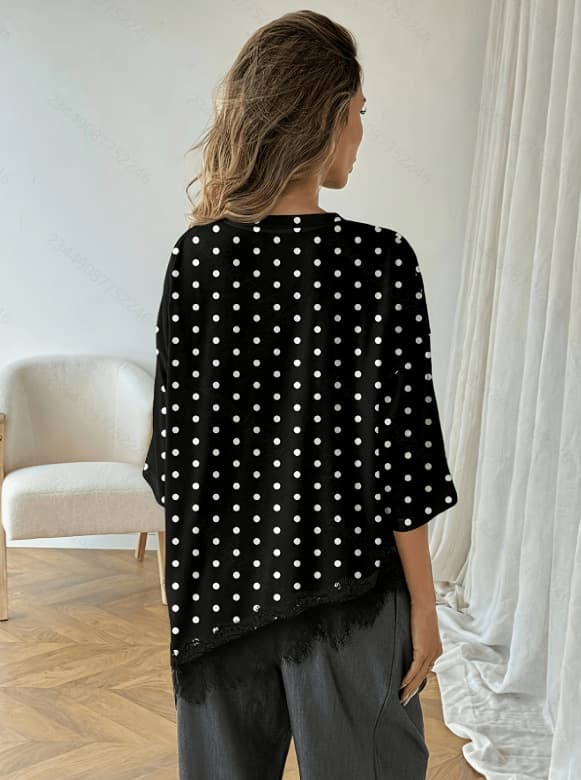 European and American Style V-Neck Polka Dot Lace Fitted Elegant Blouse Cross-Border New Slim Fit Short-Sleeve T-Shirt for Women
