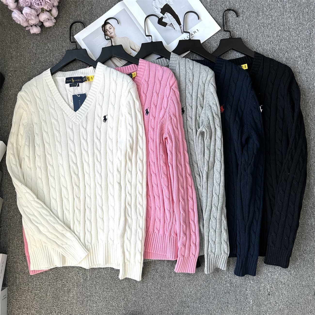 Classic Pony Logo Vintage Grey V-Neck Cable Knit Embroidered Wool Pullover Sweater Drop Shipping