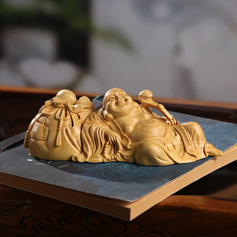 Factory wholesale boxwood carving ornament laughing Buddha reclining on cloth bag Maitreya car decoration handmade wooden auspicious