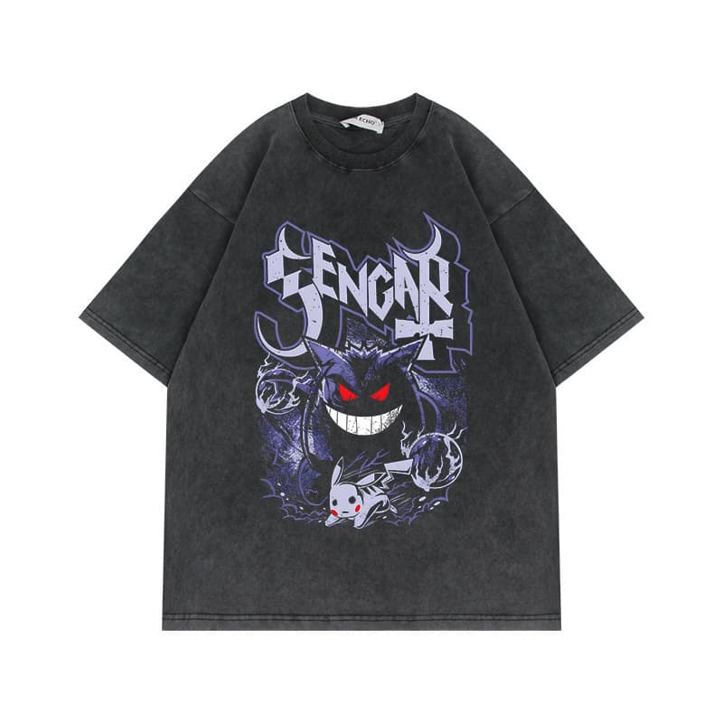 Cross-border Amazon Washed Distressed Vintage Short Sleeve T-Shirt Gengar Anime Pokemon American Streetwear Oversize