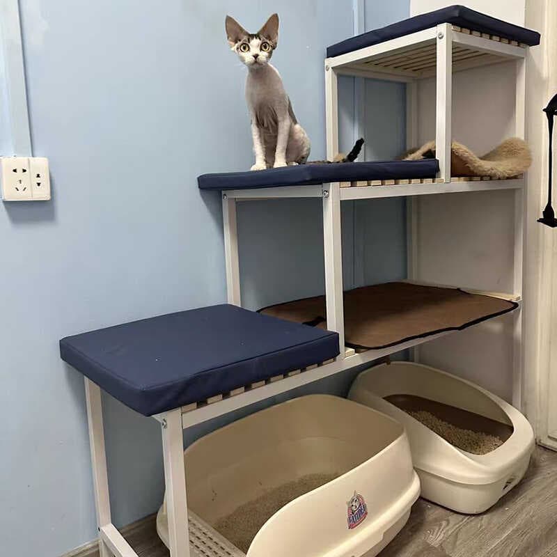 Cat Tree Climbing Frame with Integrated Cat Bed, Litter Box, Shelf, and Observation Platform, Open Bottom Frame