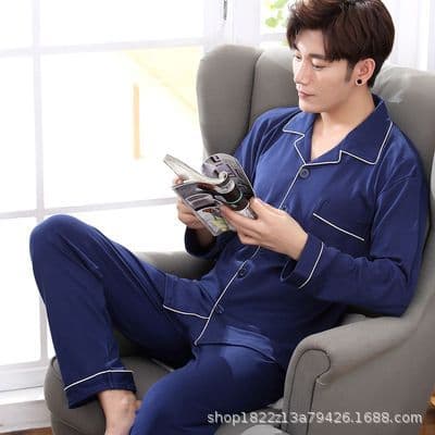 Men's Pajama Cardigan Long Sleeve Long Pants Loose Plus Size Wearable Home Leisure Loungewear Set Breathable Spring