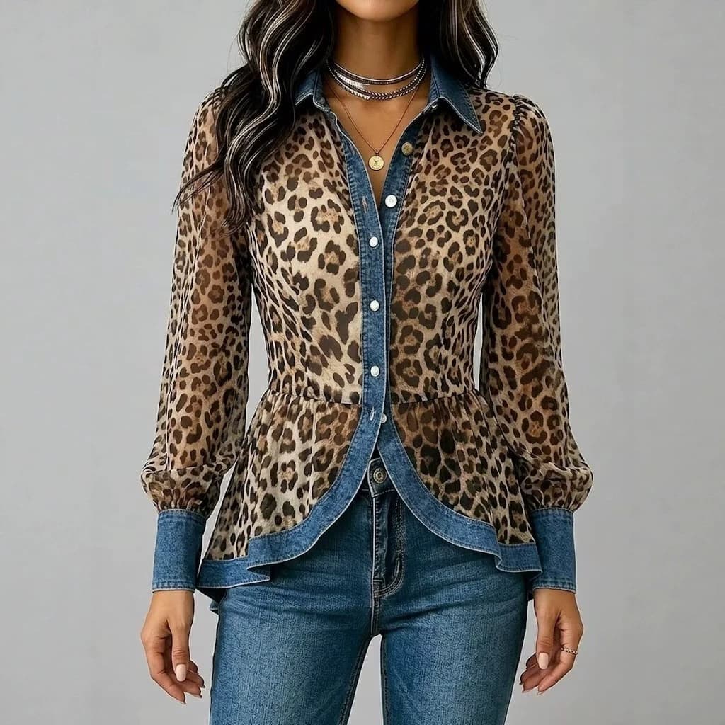 2026 European and American Cross-Border Women's Top Trendy Lapel Casual Fashion Patchwork Denim Top Leopard Print Single-Breasted Button Shirt for Women