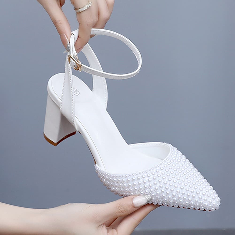 7cm Chunky Heel Pointed Toe Sandals, Spring Summer Square Heel Low Cut Women's Sandals, White Pearl Bride Wedding High Heel Shoes