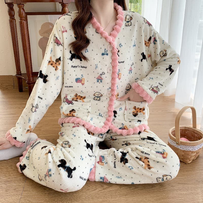 Coral velvet pajamas for girls in autumn and winter, cute plus velvet and thickened winter flannel home clothes, popular set