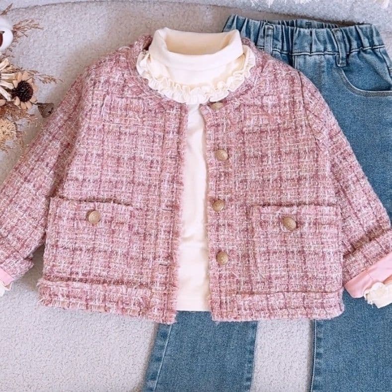 Girls' Autumn Little Fragrance Style Set 2026 New Korean Style Girl Trendy Jacket Spring/Autumn Jeans Three-Piece Set