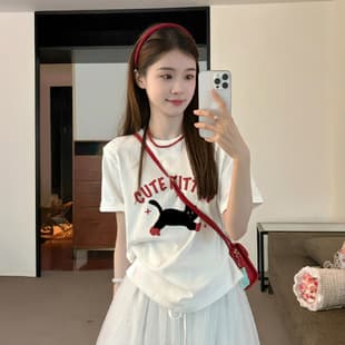 Lightning Warehouse Export Summer New Short-Sleeve T-Shirt for Women Korean Cat Print Loose Top Casual Basic Tee