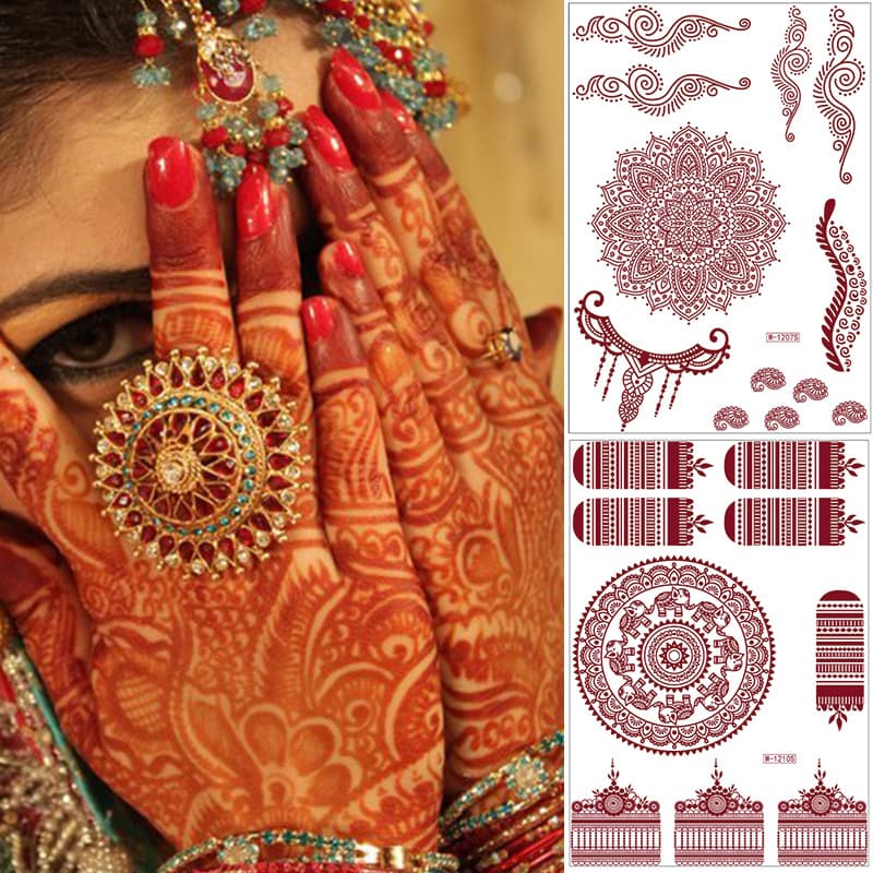Cross-border Southeast Asian henna tattoo stickers brown red hand Indian waterproof lace tattoo stickers henna tattoo