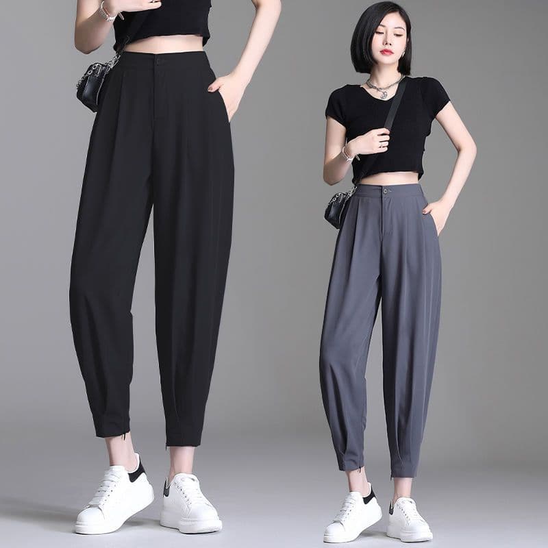 Black Ice Silk Harem Pants for Women, Spring/Summer New High-Waist Nine-Point Suit Dad Pants, Loose Casual Slimming Carrot Pants