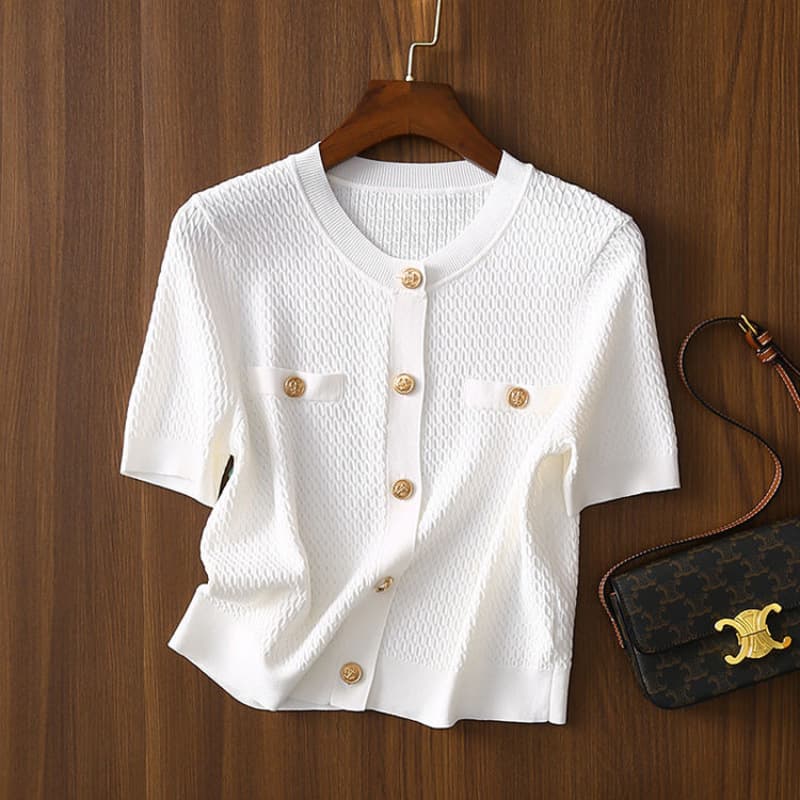 2026 Summer New Thin Vintage Cable Knit Slim Fit Short Sleeve Knit Top T-Shirt Fashion Women's Blouse