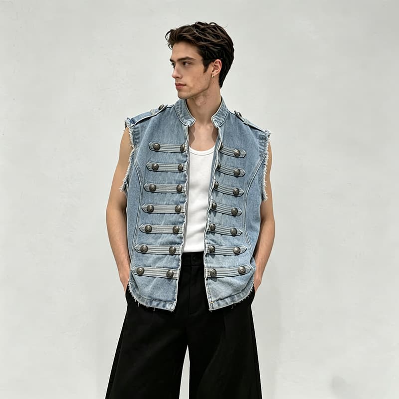 American Vintage Denim Vest for Men, Loose Fit Button-Up, Washed Distressed Frayed Edge Design, Niche Streetwear Top Outerwear