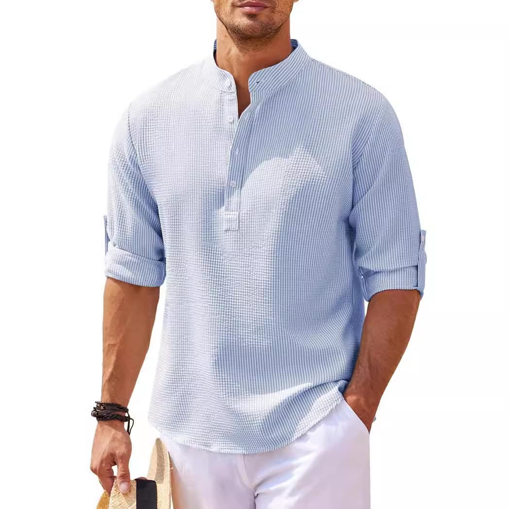 European and American Men's Long Sleeve Shirt Stand Collar Half Button Pineapple Grid Pattern Casual Shirt Top Wholesale