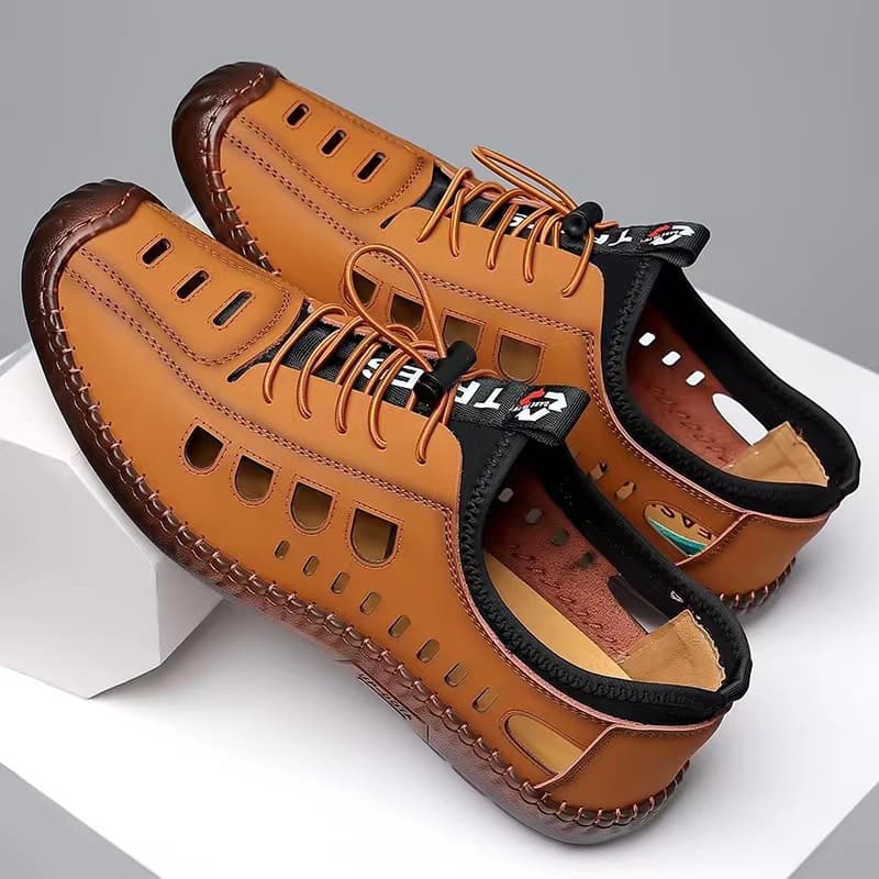 2025 New Men's Sandals Summer Casual Hollow Breathable Leather Shoes Non-slip Soft Sole Versatile Comfortable