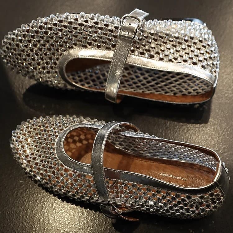 4cm Platform Mary Jane Mesh Ballet Shoes 2026 New Rhinestone French Elegant Flat Shoes for Women