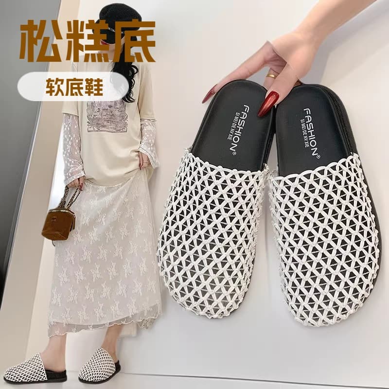Hollow thick-sole non-slip women's slippers, closed-toe half slippers, versatile slip-on low-heel casual flat slippers
