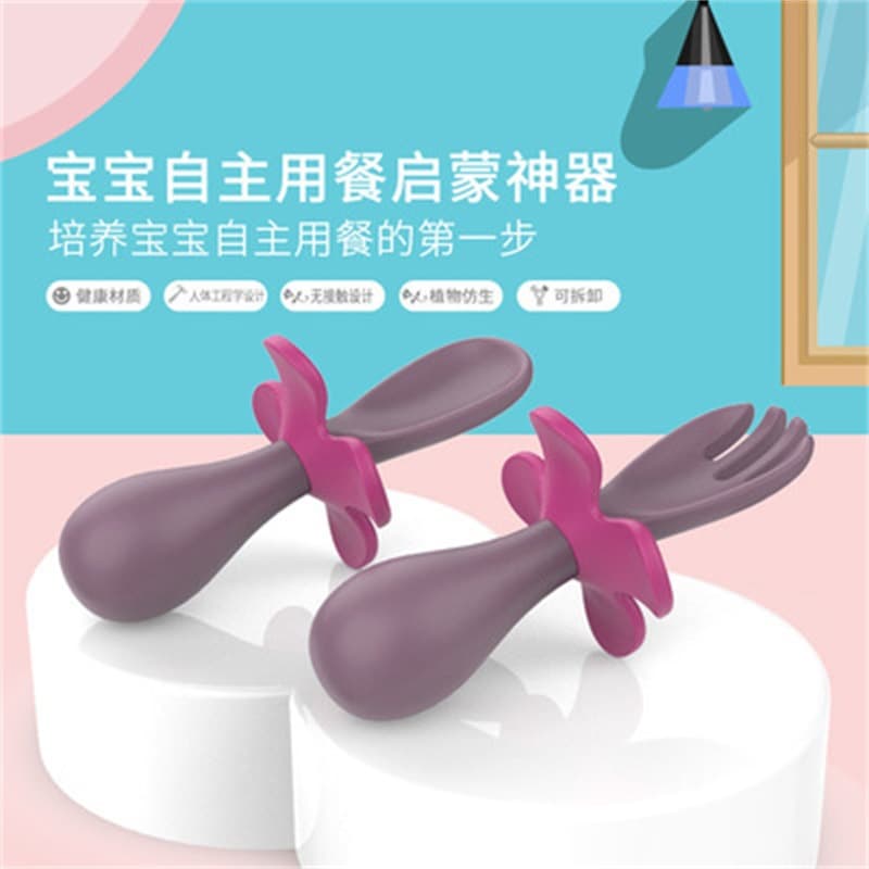 Silicone Short-Handle Fork Spoon, Baby Petal Training Fork Spoon, Children's Tableware Storage Portable, Baby Complementary Food Tableware Set