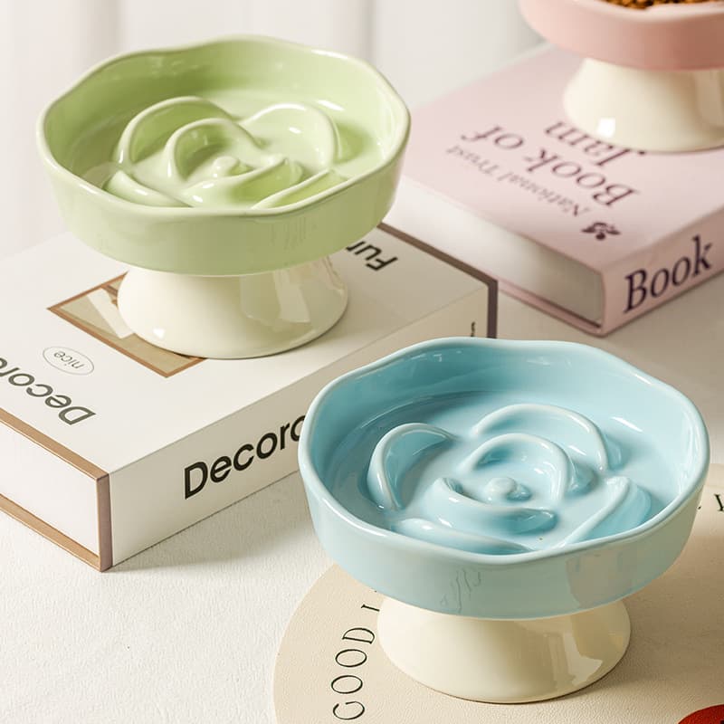 Ceramic Slow Feeding Bowl with Stand, Cat Bowl Neck Protection, Anti-Tip, Dog Anti-Choke Bowl, Pet Bowl Cross-Border Cat Food Slow Feeder