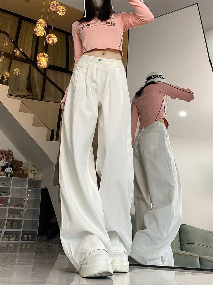 White Pleated Wide-Leg Jeans for Women Plus Size New High-Waist Loose Slimming Straight-Leg Floor-Length Pants