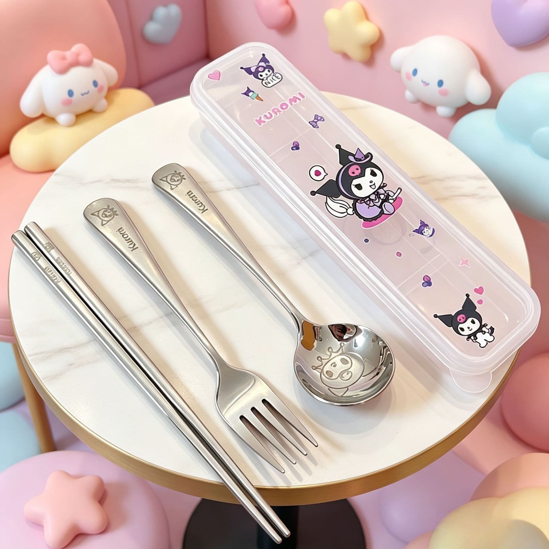 Cartoon Back-to-School Student Gift Stainless Steel Sanrio Spoon Fork Chopsticks Outdoor Cutlery Three-Piece Set