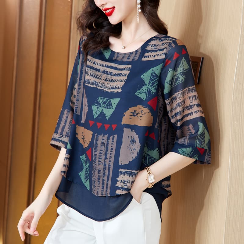 Elegant Loose Women's Short Sleeve Chiffon Shirt Korean Style Casual Fashion Summer Top Quality Polyester Fiber Printed Round Neck