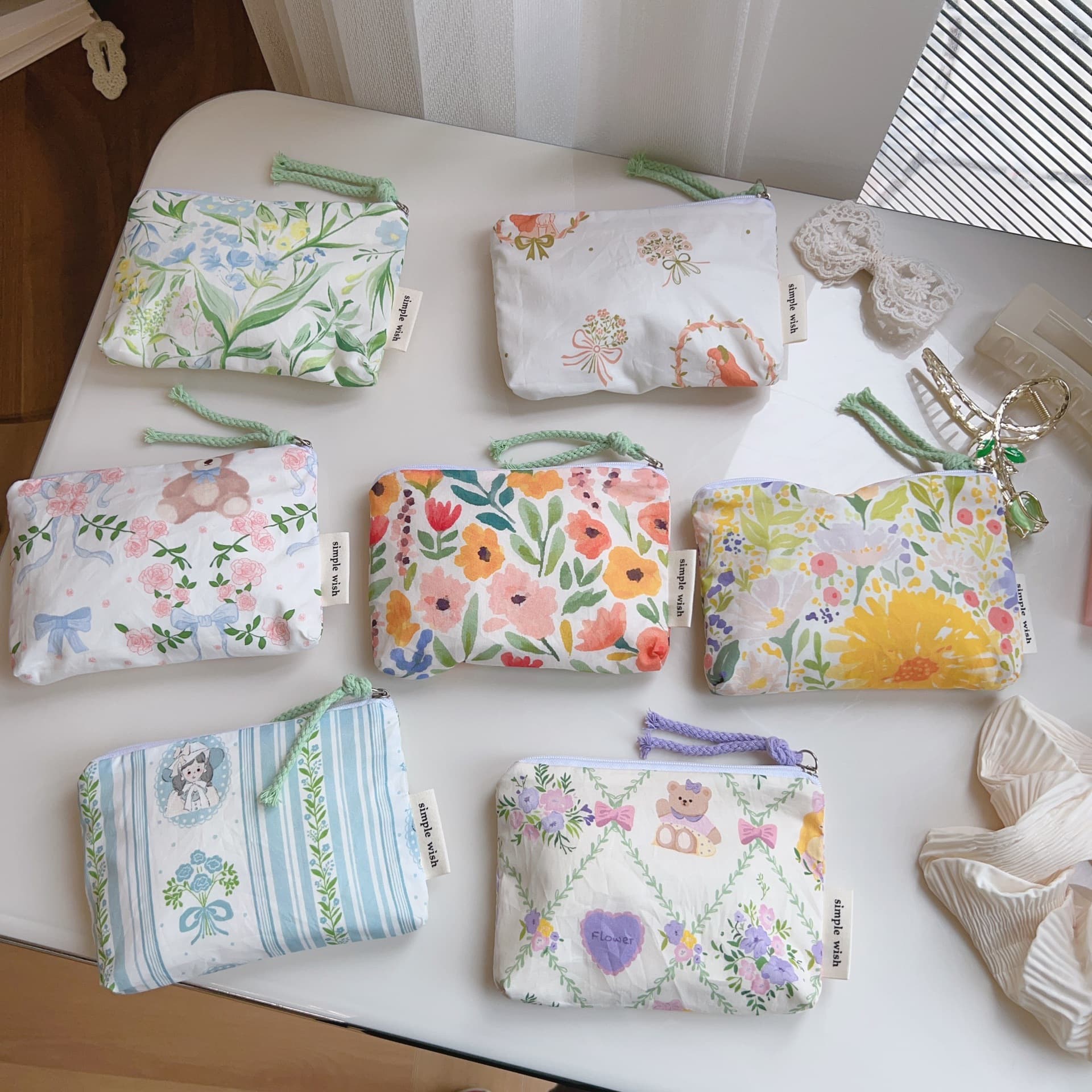 Suxi Cloth Bag French Floral Print Cotton Mini Cotton Bag Coin Pouch Menstrual Bag Lipstick Earphone Bag