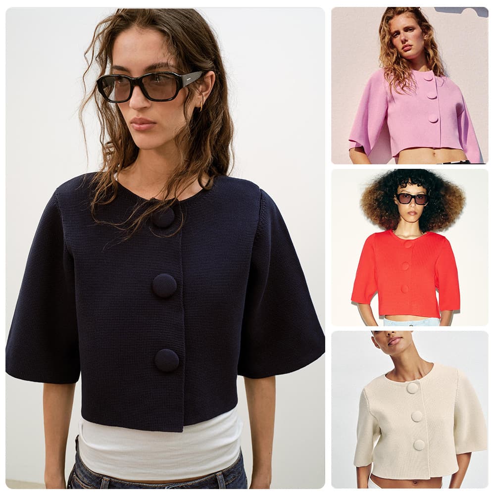 Round neck short knitted cardigan lesbian large round button loose wide half-quarter bell sleeves waistless crop top