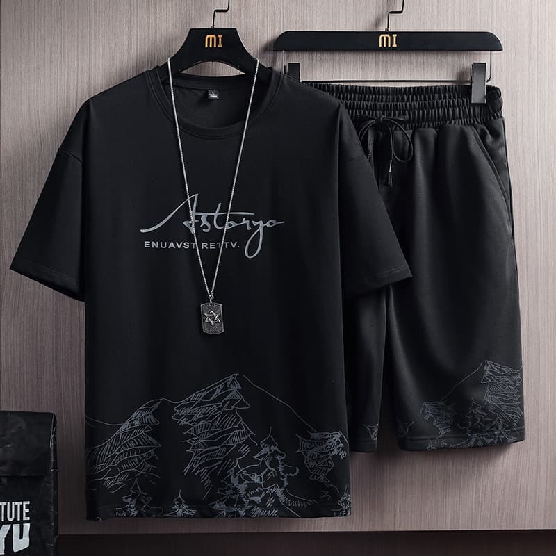 Men's Short Sleeve T-Shirt Set New Summer Mountain Print Fashion Trendy Korean Slim Fit Plus Size Sports Two-Piece Set